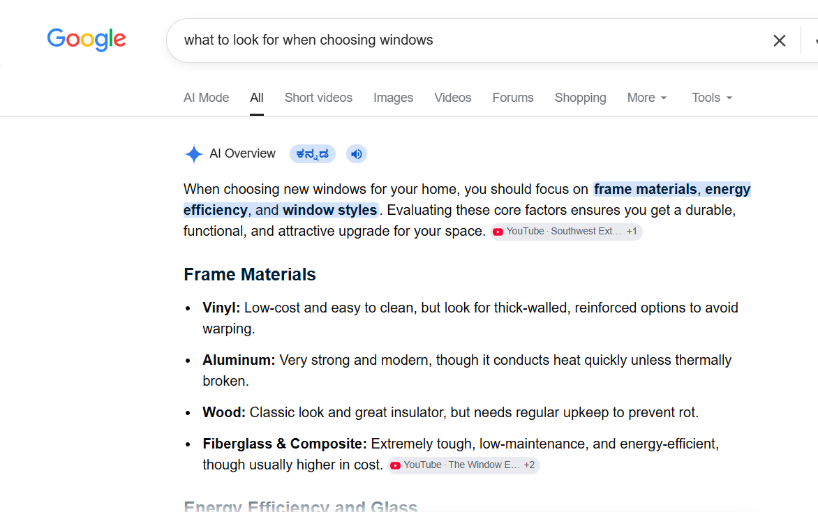 Google's AI Overview answering "what to look for when choosing windows" with frame material, energy efficiency and window style